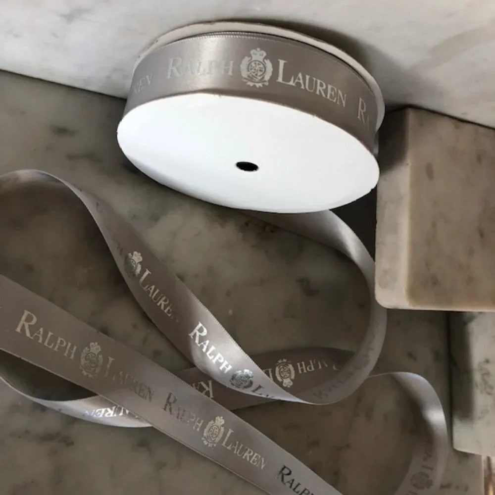 RALPH LAUREN Monogram Silver Gray Satin Ribbon Roll RARE @ 15 ft Spool N…